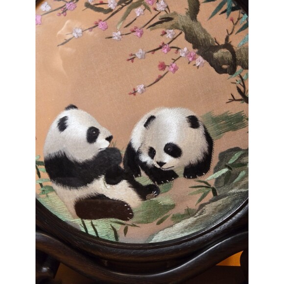 Vtg Chinese Panda CherryBlossom DoubleSided Silk Sichuan Embroidery WoodBase Box - Picture 4 of 8